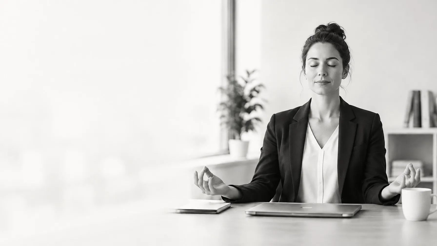 A professional pausing for mindful breathing at her desk